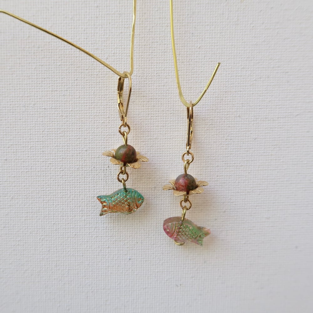 Image of Unakite Fish Charm Earrings in Gold