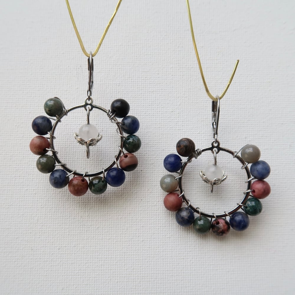 Image of Multistone Beaded Hoop Earrings in Silver