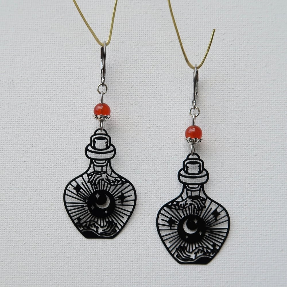 Image of Red Agate Potion Bottle Earrings in Silver