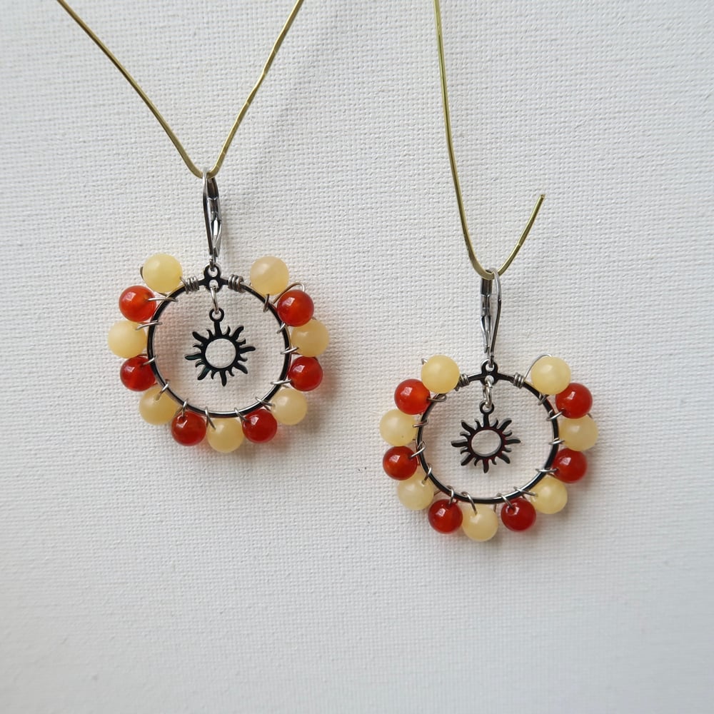 Image of Yellow Jade & Red Agate Sun Hoop Earrings in Silver