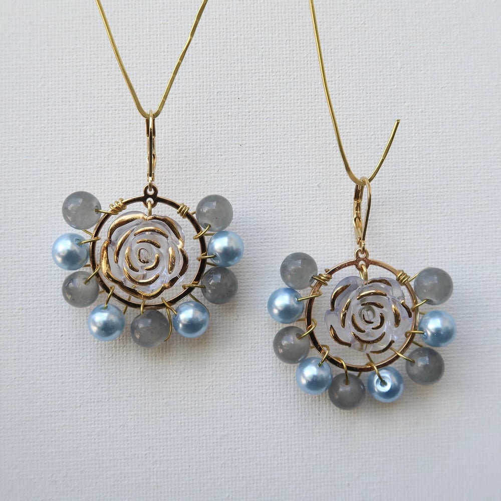 Image of Blue/Gray Rose Beaded Hoop Earrings in Gold