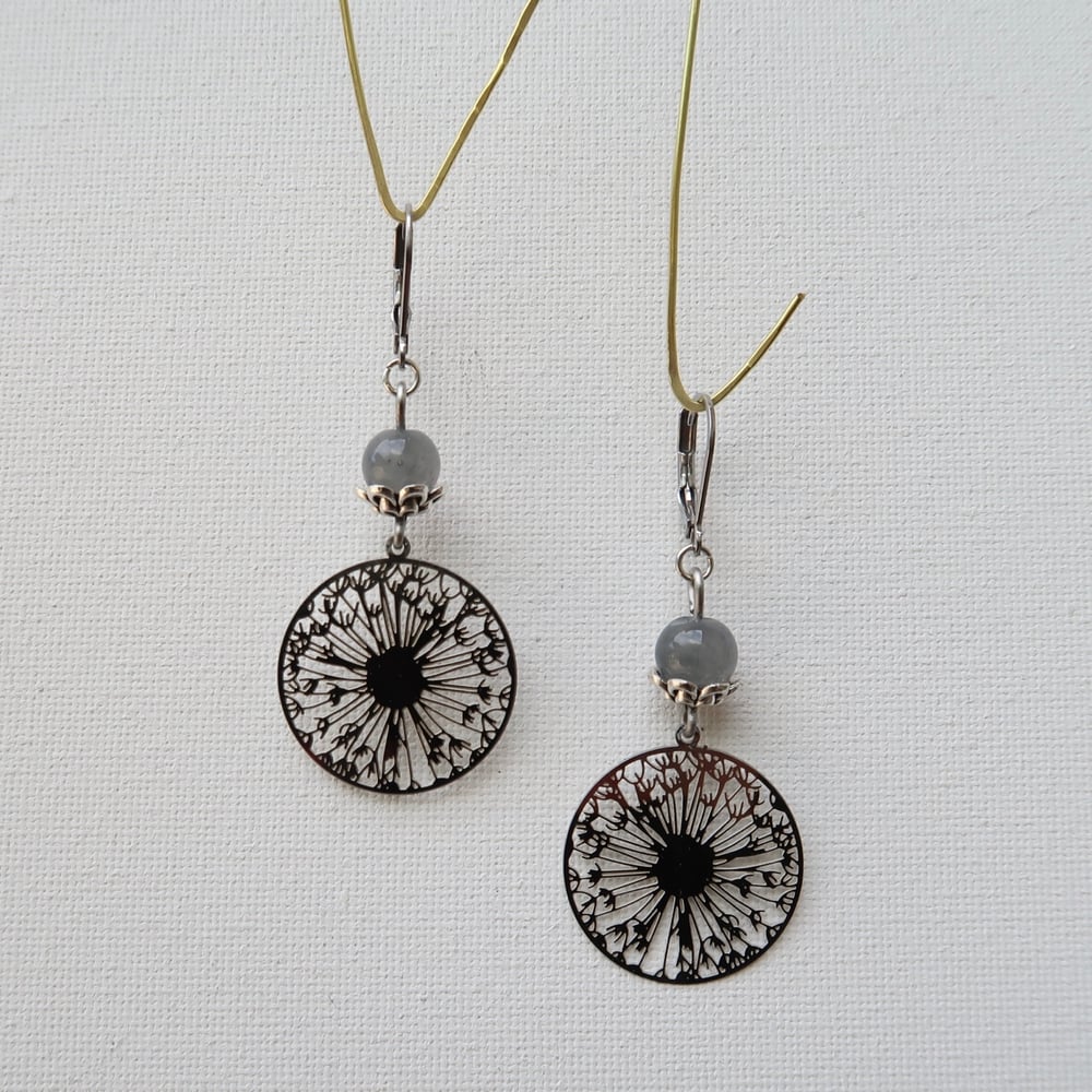 Image of Gray Bead Sun Disc Earrings in Silver