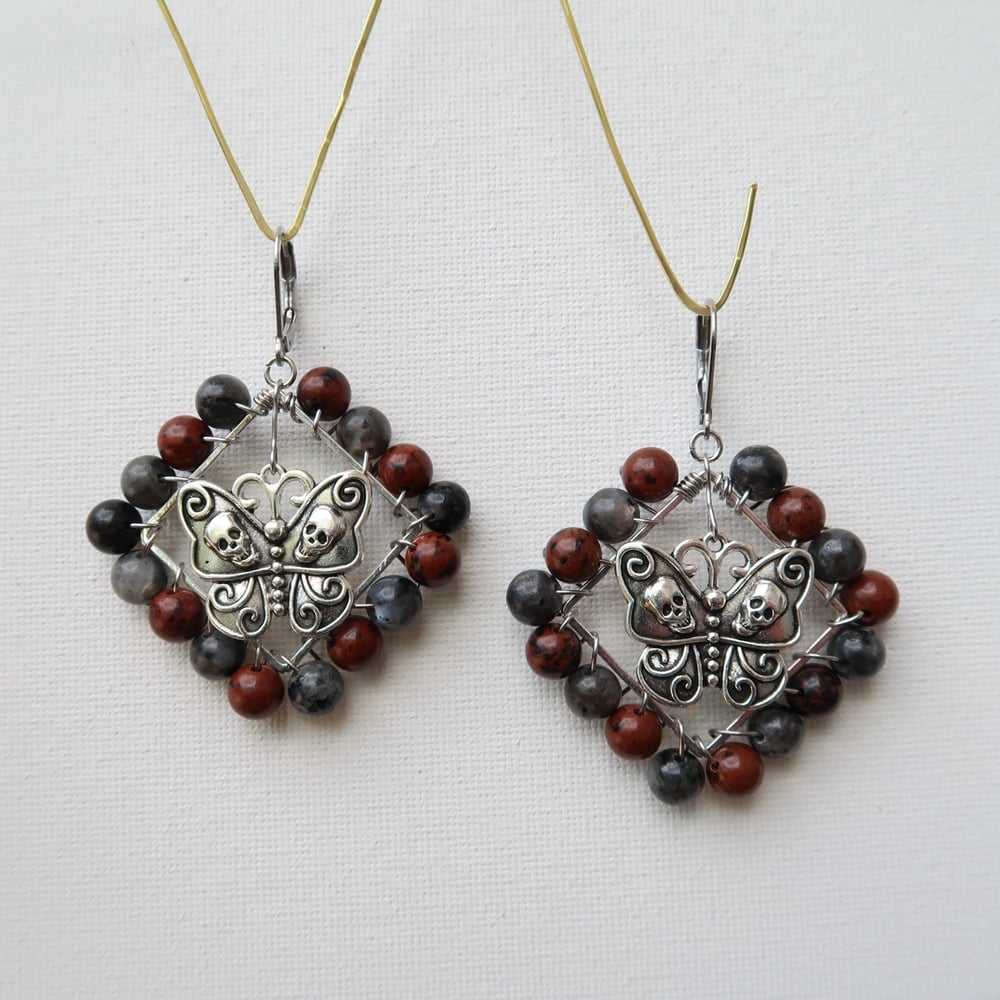 Image of Mahogany Jade & Larvikite Butterfly Frame Earrings in Silver