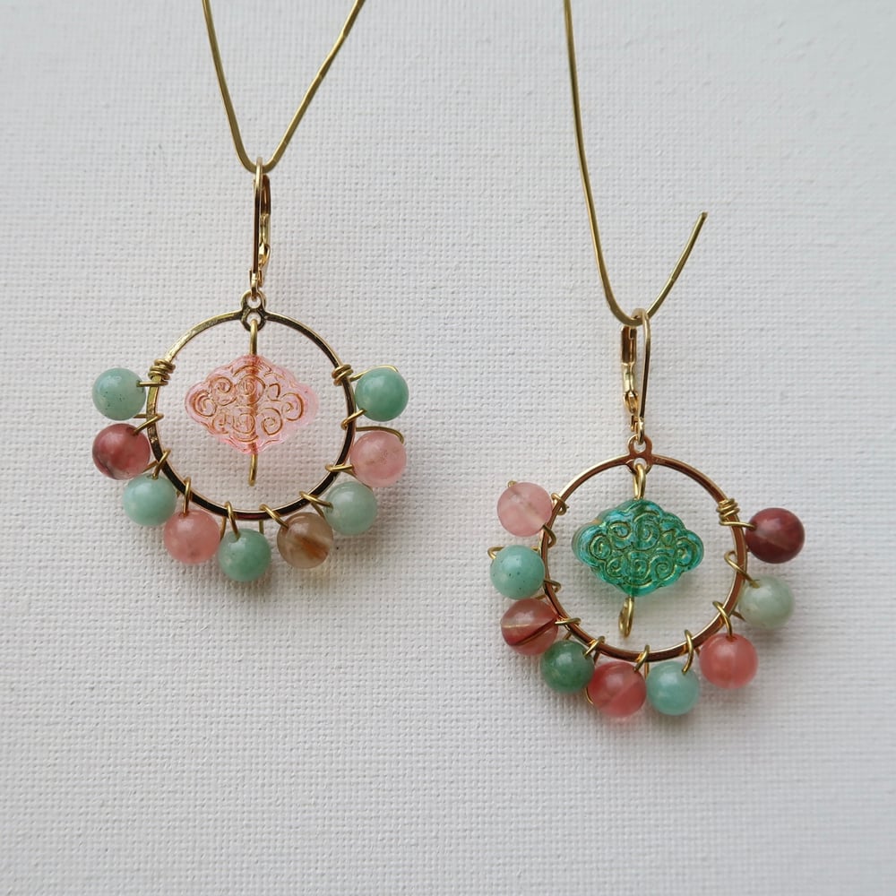 Image of Amazonite & Violet Stone Cloud Hoop Earrings in Gold