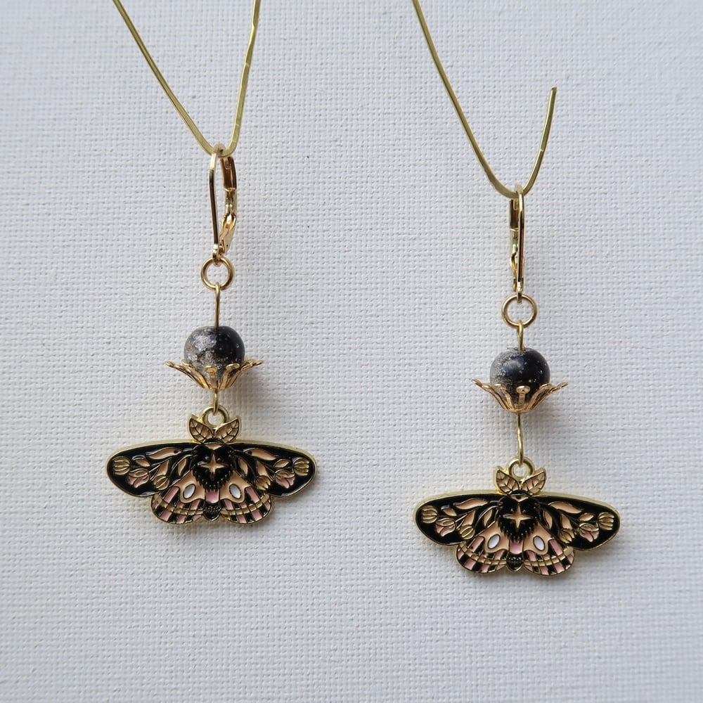 Image of Black Bead Moth Earrings in Gold