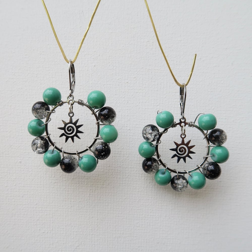 Image of Teal Beaded Sun Hoop Earrings in Silver