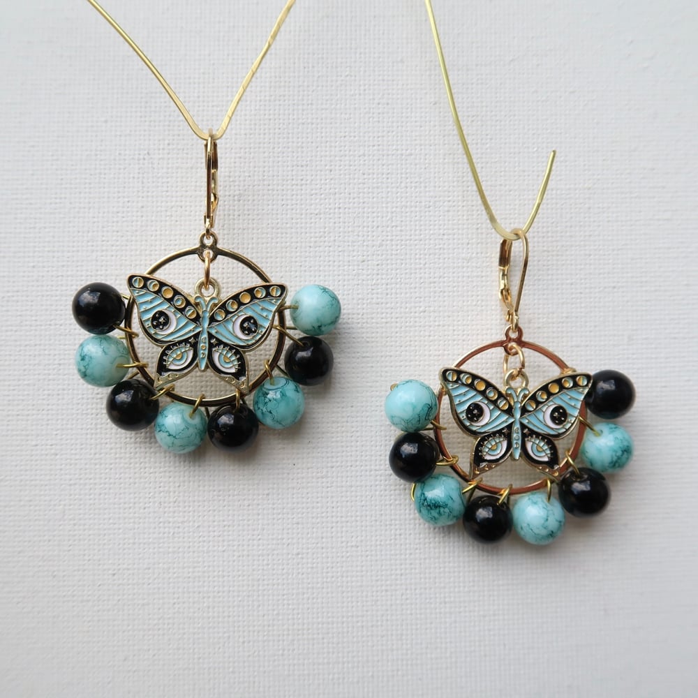 Image of Black & Blue Beaded Butterfly Hoop Earrings in Gold