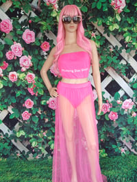 Image 1 of Womens three piece long  pink see through swimsuit skirt, size small one left.