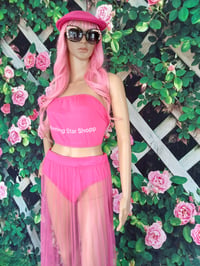 Image 2 of Womens three piece long  pink see through swimsuit skirt, size small one left.