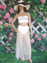 Image 1 of Womens  white three piece long see through swimsuit skirt, size large one left.