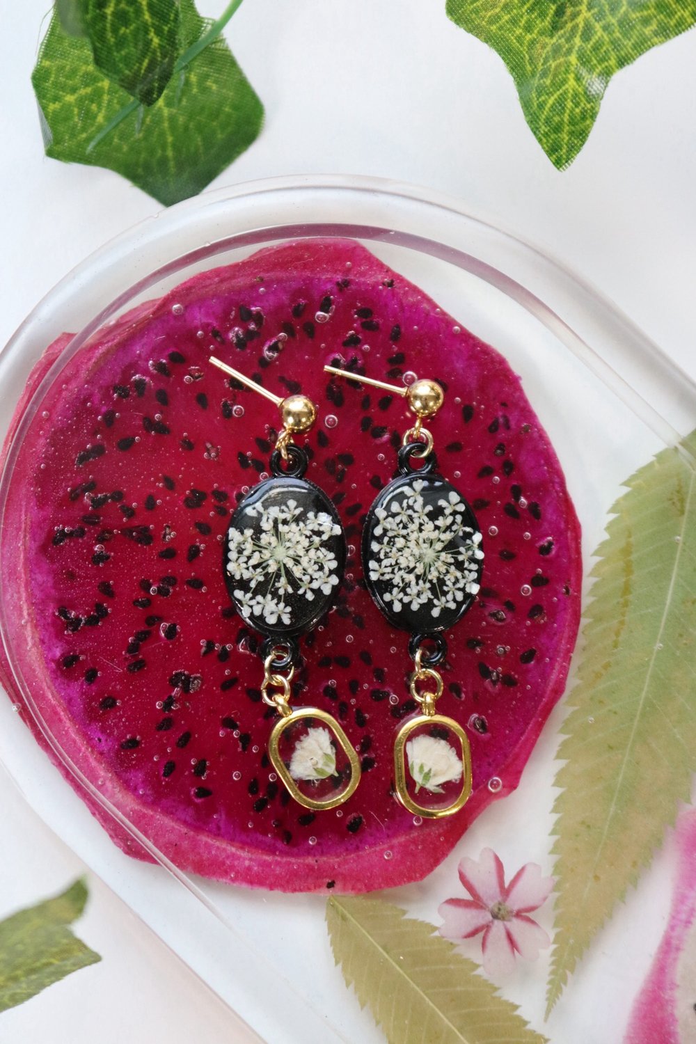 Image of Queen Anne’s Lace 2 Piece Resin Stud/Dangle Earrings