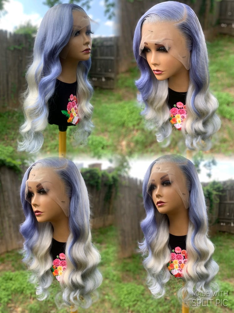 Image of “Stormy” 26 Inch Custom Colored Periwinkle & Platinum Body Wave Lace Frontal Wig 