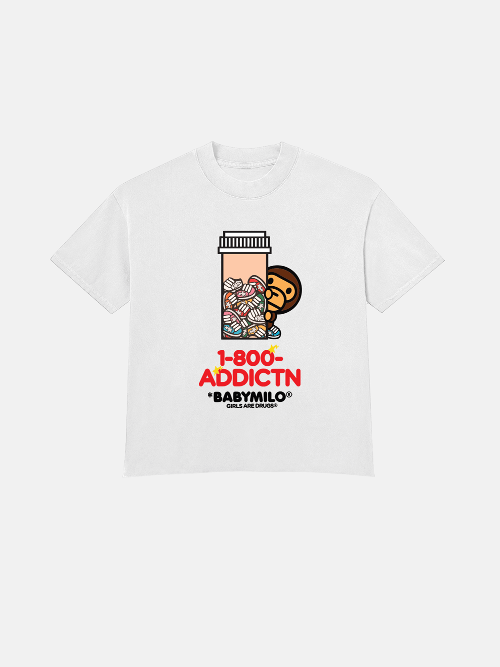 Image of GIRLS ARE DRUGS® x BABY MILO TEE -  "1-800-ADDCTN"  WHITE