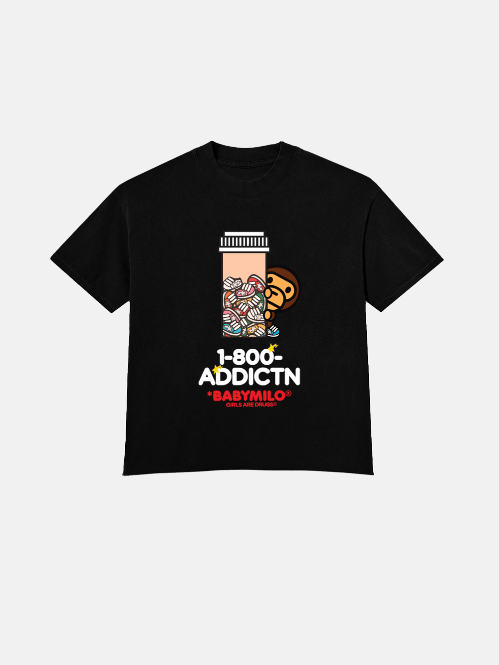 Image of GIRLS ARE DRUGS® x BABY MILO TEE -  "1-800-ADDCTN"  BLACK