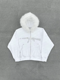 Yeti grunge y2k Bedazzled White Fur Sweatshirt men and women