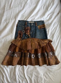 Image 1 of Vintage Y2K 2000s rare archival embellished denim ruffle skirt with floral appliqué 