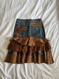 Image 2 of Vintage Y2K 2000s rare archival embellished denim ruffle skirt with floral appliqué 