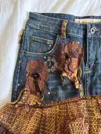 Image 3 of Vintage Y2K 2000s rare archival embellished denim ruffle skirt with floral appliqué 
