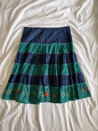 Image 1 of Vintage Y2K denim and cord contrast midi skirt with embroidered hem with beading 