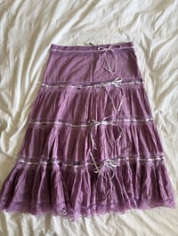 Image 1 of Vintage Y2K purple tiered maxi skirt with lace and ribbon