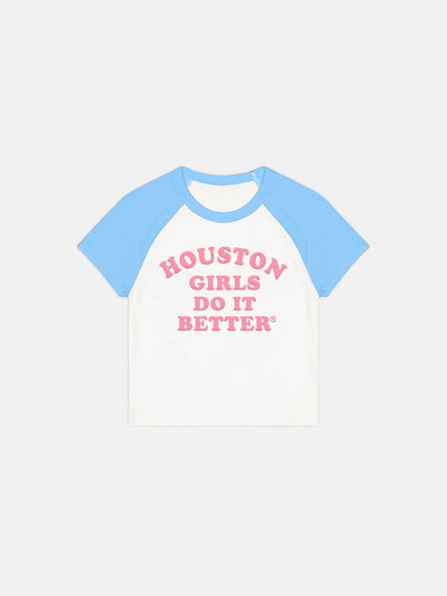 Image of HOUSTON GIRLS DO IT BETTER® WOMEN'S RAGLAN TEE - WHITE / BABY BLUE / PINK