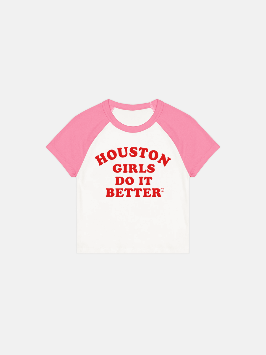 Image of HOUSTON GIRLS DO IT BETTER® WOMEN'S RAGLAN TEE - WHITE / SOFT PINK / RED