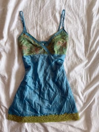 Image 1 of Vintage Y2K blue embellished cami with gree lace and embroidery 