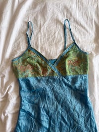 Image 3 of Vintage Y2K blue embellished cami with gree lace and embroidery 