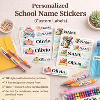 🎒  Back to School 58 Stickers - Personalized Name Labels