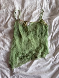 Image 2 of Vintage Y2K Lipsy rare asymmetrical hem green silk cami with floral appliqué 