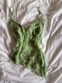 Image 6 of Vintage Y2K Lipsy rare asymmetrical hem green silk cami with floral appliqué 