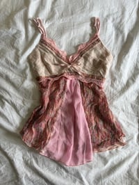 Image 1 of Vintage y2k pink fairy cami with asymmetrical hem and contrast detailing and bow