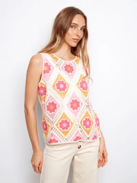 Floral Sleeveless Crochet Cotton Blend Top - Apricot