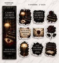 📖🖤 Campus Secrets Bookmark & Sticker Set (8-Pack) – Book Lover Aesthetic Bundle