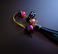 Image 1 of Trendy Handmade Keychain, black, pink, bow, dice, leather tassel, bag charm, gift