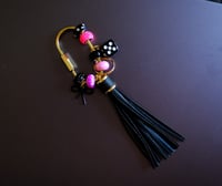 Image 2 of Trendy Handmade Keychain, black, pink, bow, dice, leather tassel, bag charm, gift