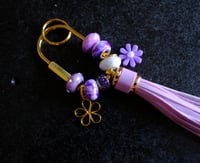 Image 1 of Pretty Handmade Beaded Keychain, purple, flower, leather tassel, bag charm, gift, mother's day