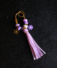 Image 2 of Pretty Handmade Beaded Keychain, purple, flower, leather tassel, bag charm, gift, mother's day