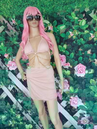 Image 4 of Women's three piece pink gold chain skirt swimsuit.
