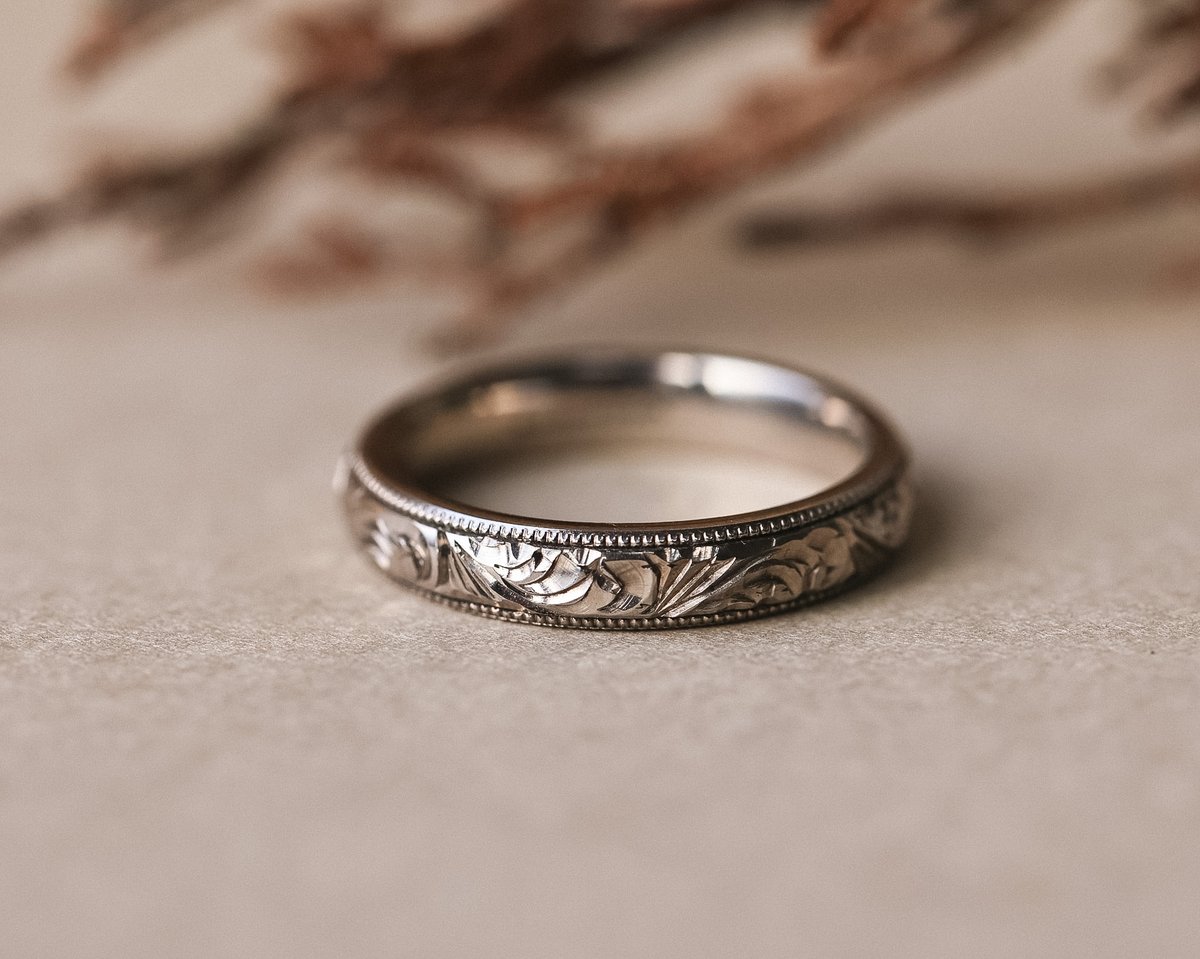Image of 18ct White gold, 4mm Floral and milled edge engraved ring
