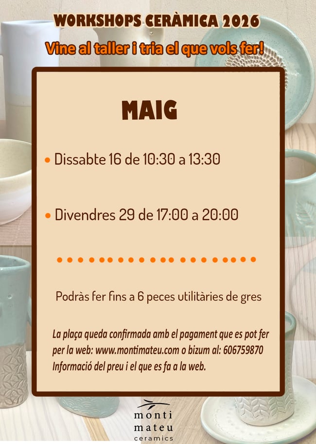 Workshop de ceràmica. Dissabte 16 de maig de 10:30 a 13:30