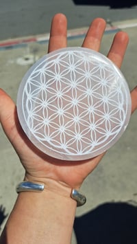 Image 1 of 4" Celenite Disk ~~ Flower of Life