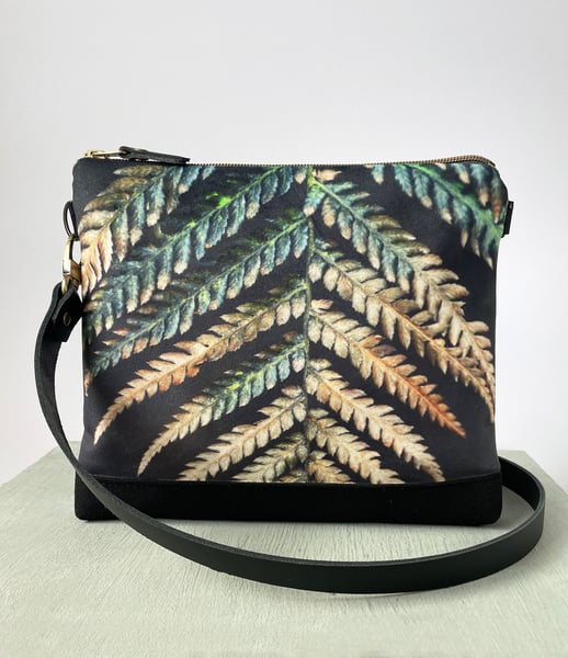 Image of Fern frond, large velvet shoulder bag with adjustable leather strap