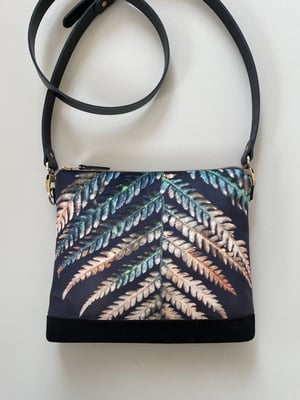 Image of Fern frond, large velvet shoulder bag with adjustable leather strap