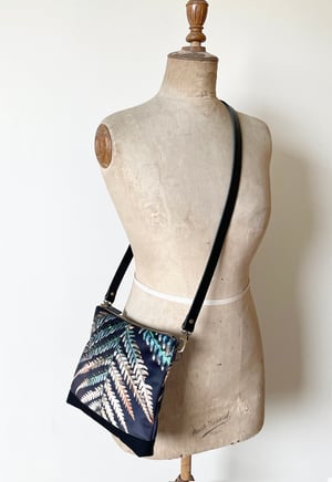 Image of Fern frond, large velvet shoulder bag with adjustable leather strap