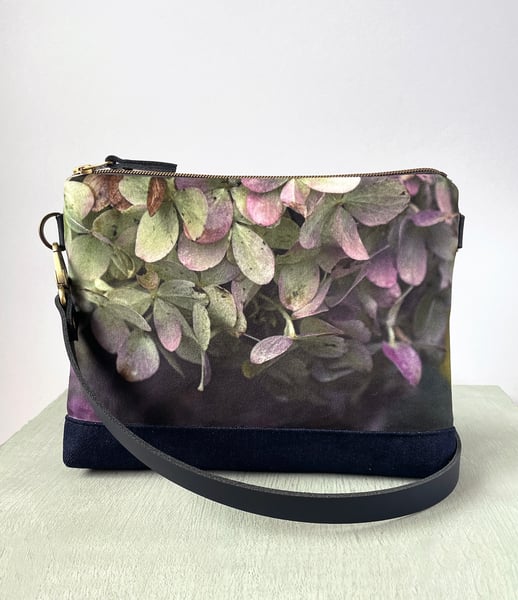 Image of Hydrangea, large velvet shoulder bag with crossbody leather strap 
