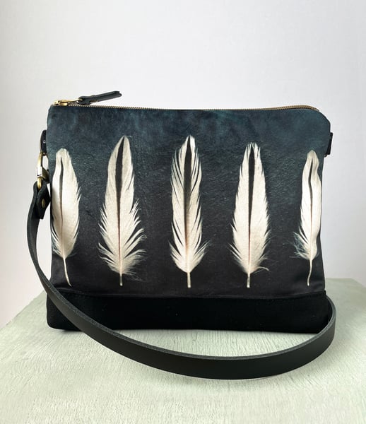 Image of Oystercatcher feathers, large shoulder bag with crossbody strap 