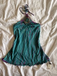 Image 1 of Vintage Y2K blue and purple tie dye halterneck cami with embellishment on neckline 