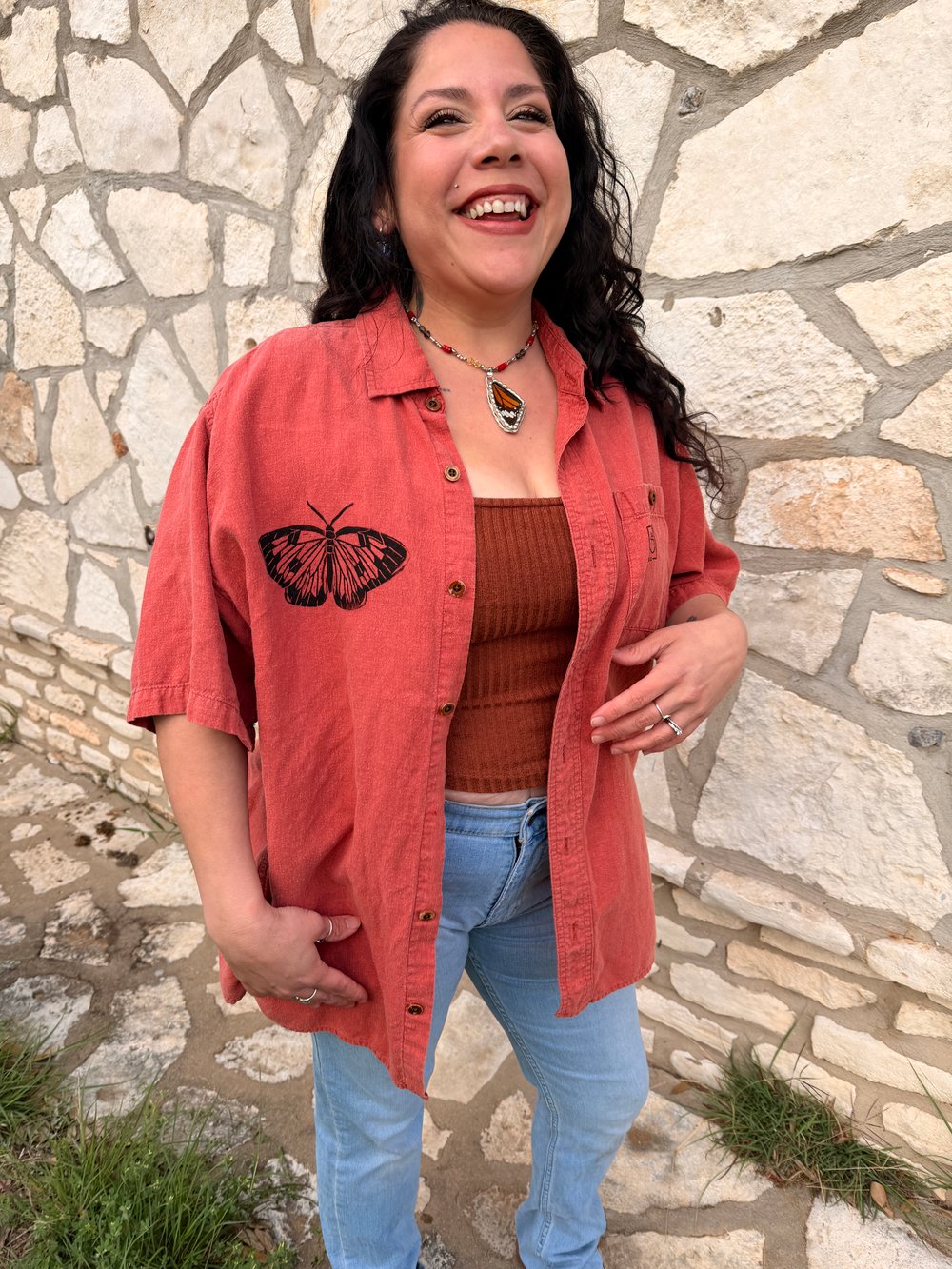 Image of Hand Stamped Orvis Hemp Blend Shirt — Butterfly