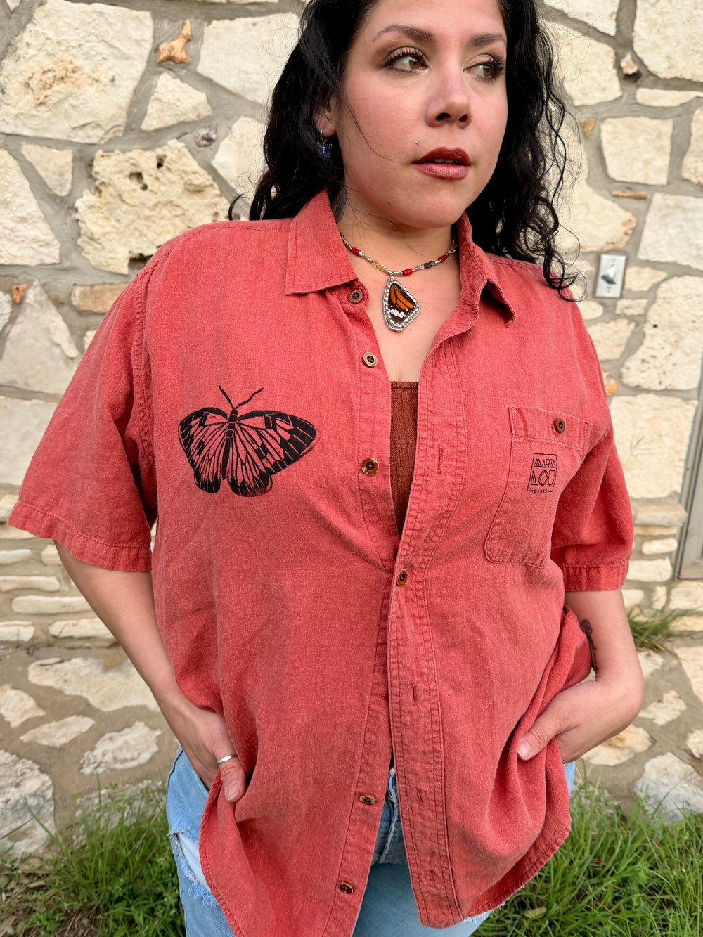 Image of Hand Stamped Orvis Hemp Blend Shirt — Butterfly